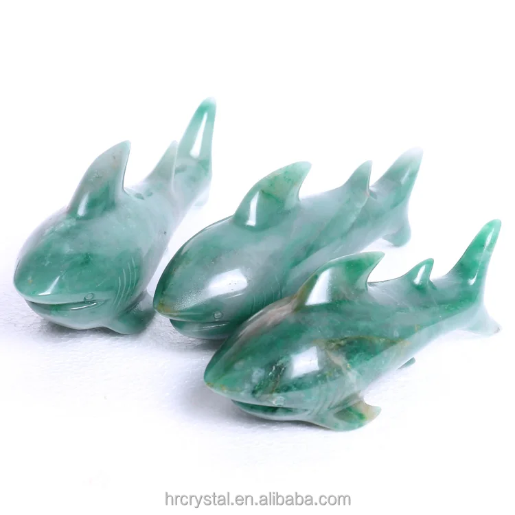 Folk Crystal Crafts Carved Green Jade Shark Carving Crystal Animals Figurines for Sale