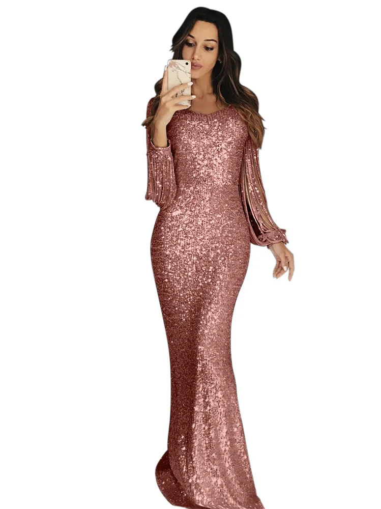 Women Bling Bling Glittering Party Dresses Tassels Long Sleeve Europe Sexy Lady Evening Party Cocktail Clothes Maxi Long Dress