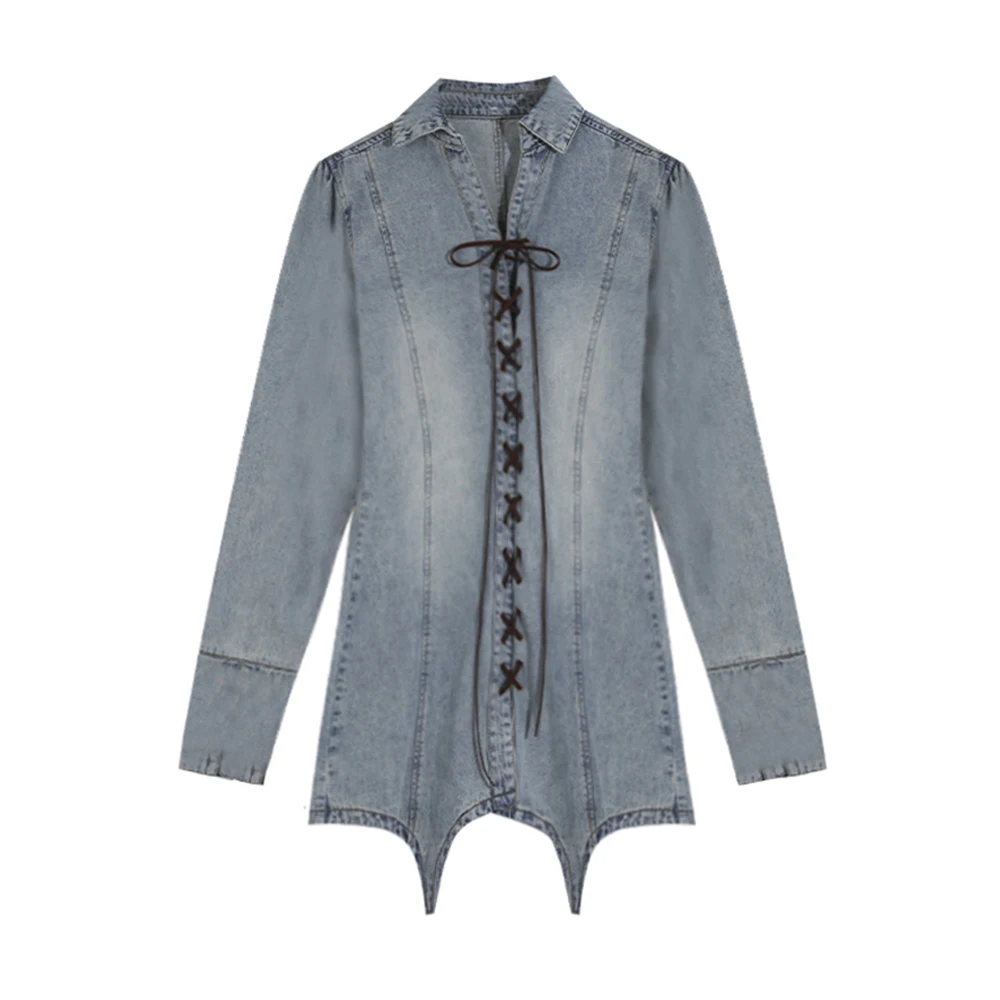 Women Long Sleeve Casual Dresses Stretch Strappy Solid Color V-neck Skinny Dollars Collar Irregular