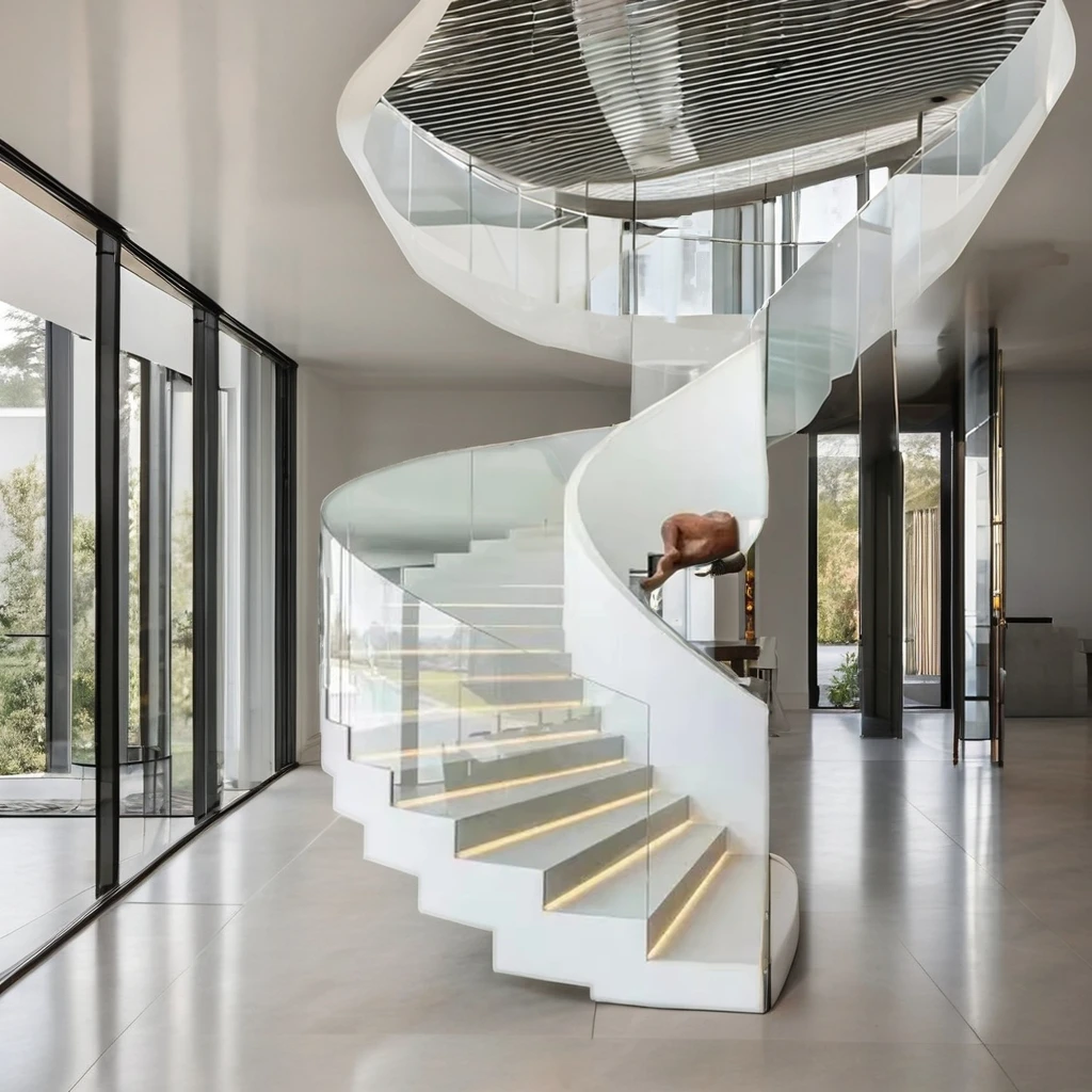 Nordi Arc Stairs Custom Modern Design Villa Wrought Iron Steel Glass Railing Apartments Wood Curved Staircase House Exterior