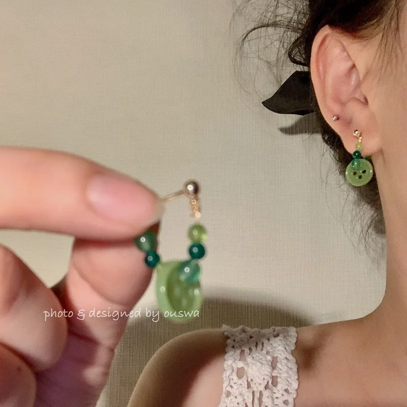 Handmade natural green stone gradient design 925 silver small hoop  needle hollow tube hoop women earrings