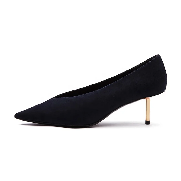 
Dark blue V shape shallow mouth suede leather ladies party pencil heel pointed toe shoes for women 