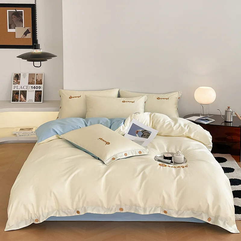 Sunny Textile Wholesale Button Style Four-piece Set Embroidery Bedding Set Long Staple Cotton Duvet Cover Set