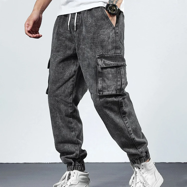 Custom Men Cotton Drawstring Waist Flap Pocket Wide Leg Acid Wash Cargo Jogger Jeans Pants Men