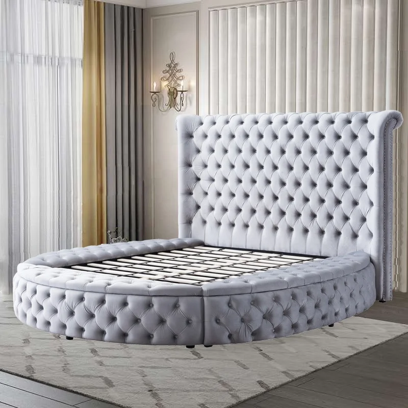 Dingzhi High Quality Bedroom Furniture Luxury High Headboard Blue King Fabric Camas Latest Modern Double Bed