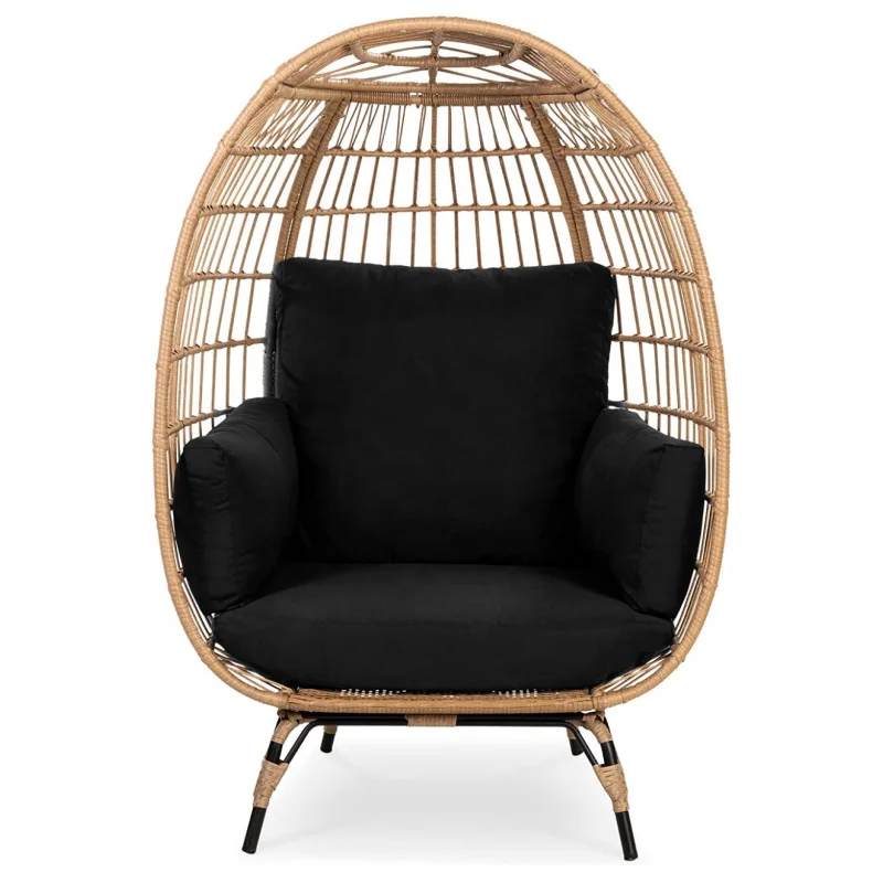 KD Design Patio Yard Wicker Furniture Outdoor Garden Front Porch Rattan Egg Shape Basket Chairs with Cushion