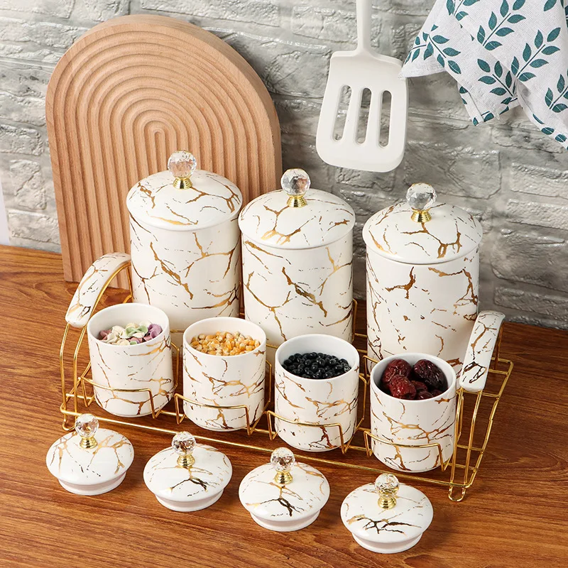 Marble Ceramic Spice Jars with Lid Porcelain Condiment Jars Set 7 Pcs Ceramic Seasoning Condiment Pots