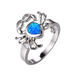 Wholesale August Rings Jewelry Women Silver Color Cute Animal Crab White/Blue Opal