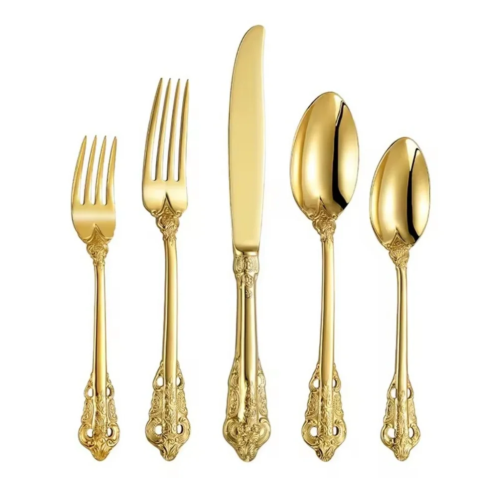 Relief Tea Spoon Fork 304 Stainless Steel 18/10 Flatware Steak Knife and Fork Gift Box Imperial Court Retro Gold Cutlery Sets