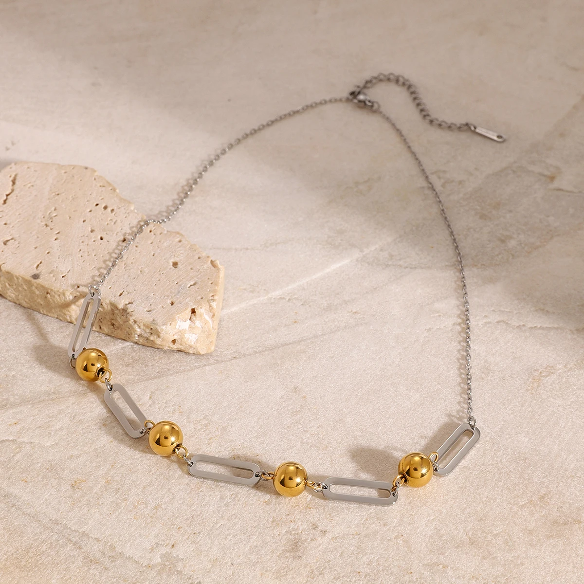 J&D 18k Gold Stainless Steel Two-Tone Ball Chain O-Link Necklace Minimalist Chic Layering Chain 41.5+5cm