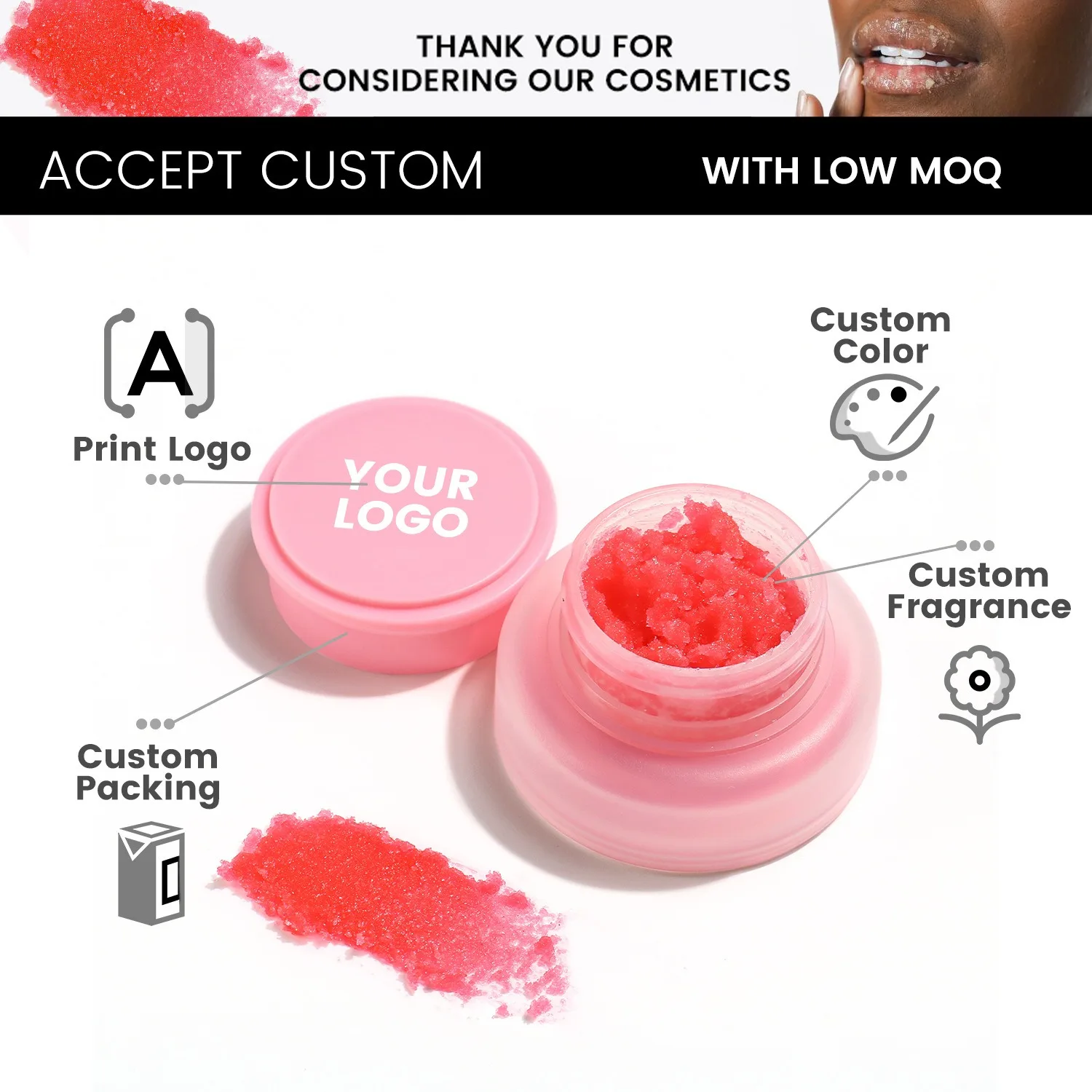 MLM Custom makeup Lip Scrub  Hydrating Strawberry Flavor Lip Scrub Vitamins Brightening Clean Dead Skin Vegan sugar lip scrub