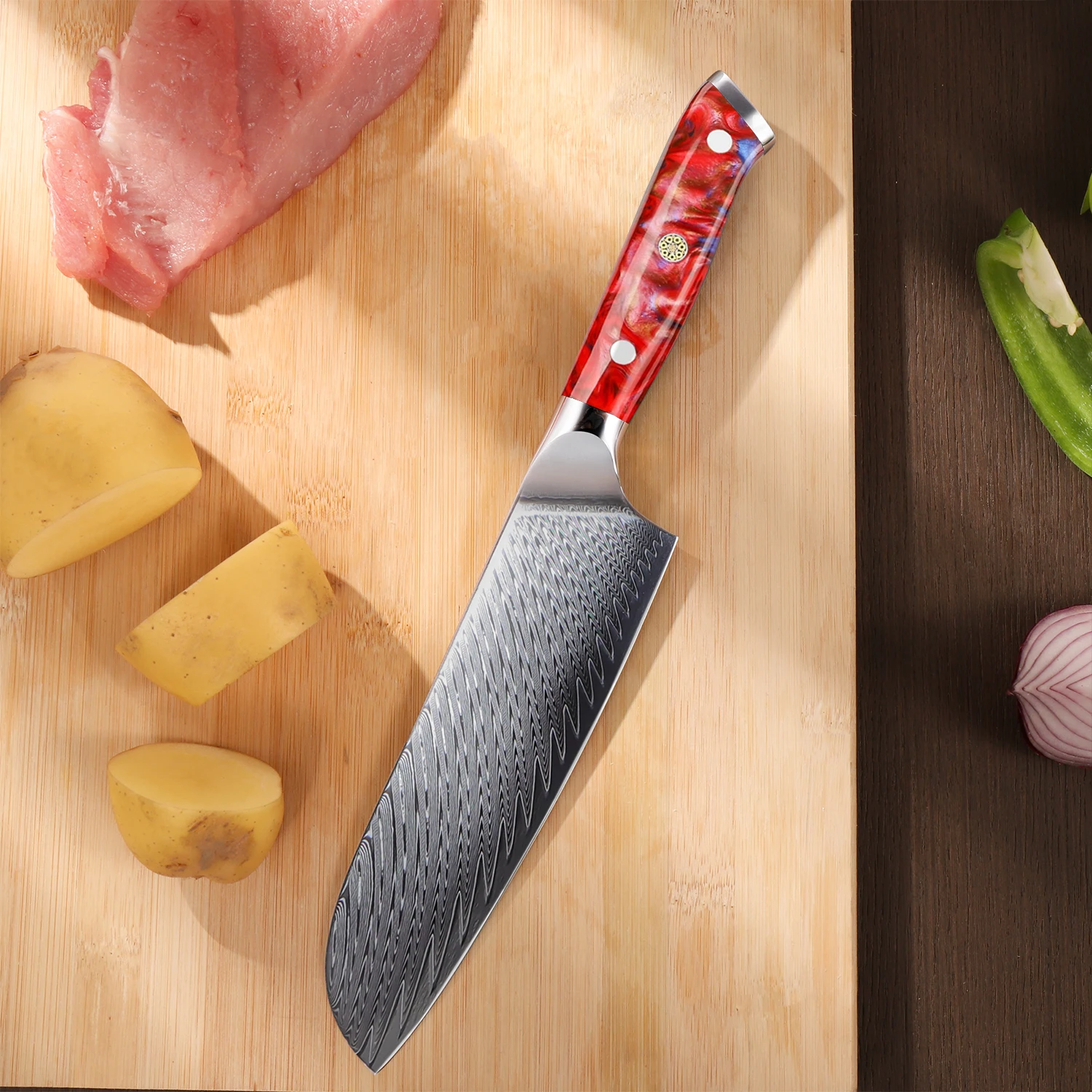 Professional 7 Inch Japanese 67 Layers Damascus Steel Kitchen Knife Santoku Chef Knife with Resin Handle