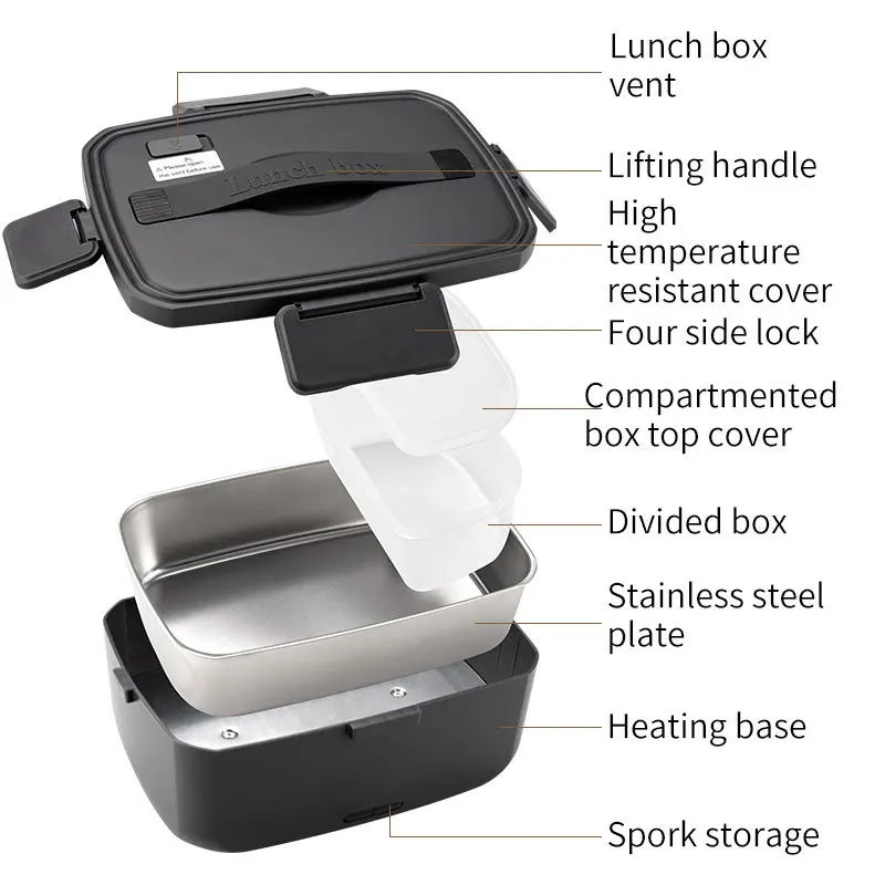 90W Electric 2L Lunch Box Portable Food Warmer Heated 304ss Bento Boxes for Car Home Food Heating 110V /220V Metal container