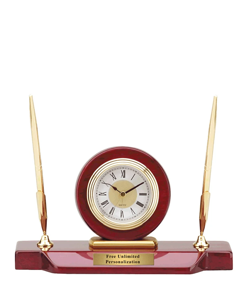 Personalized Cherry Wood  Double Pen Set Desk Clock