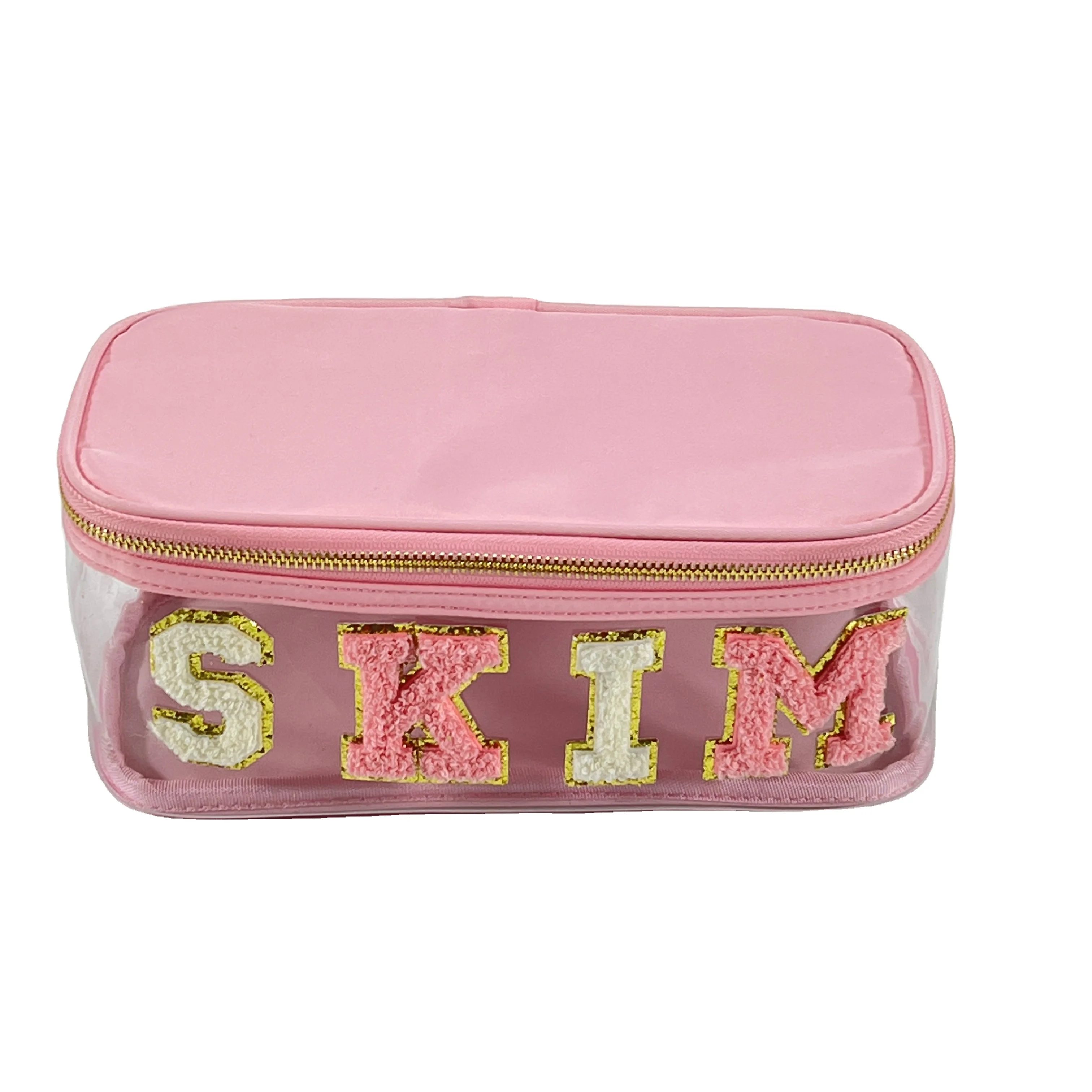 Custom letter patches PVC Travel Nylon Custom Pink Color Clear Make Up Bag Transparent Women Cosmetic Bags