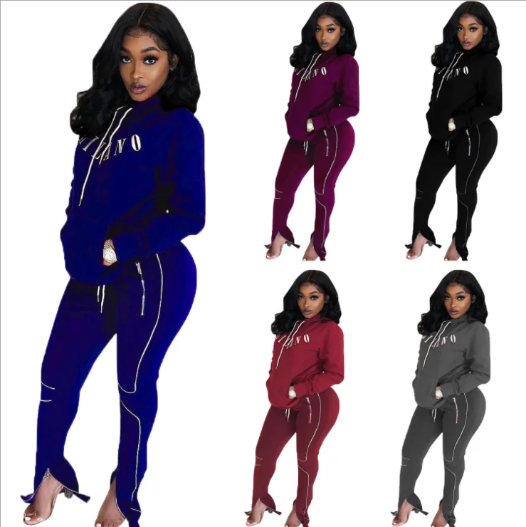 
Two-piece set letter print deep color jumper romper pocket hoodies wire sport wear long warm pants 