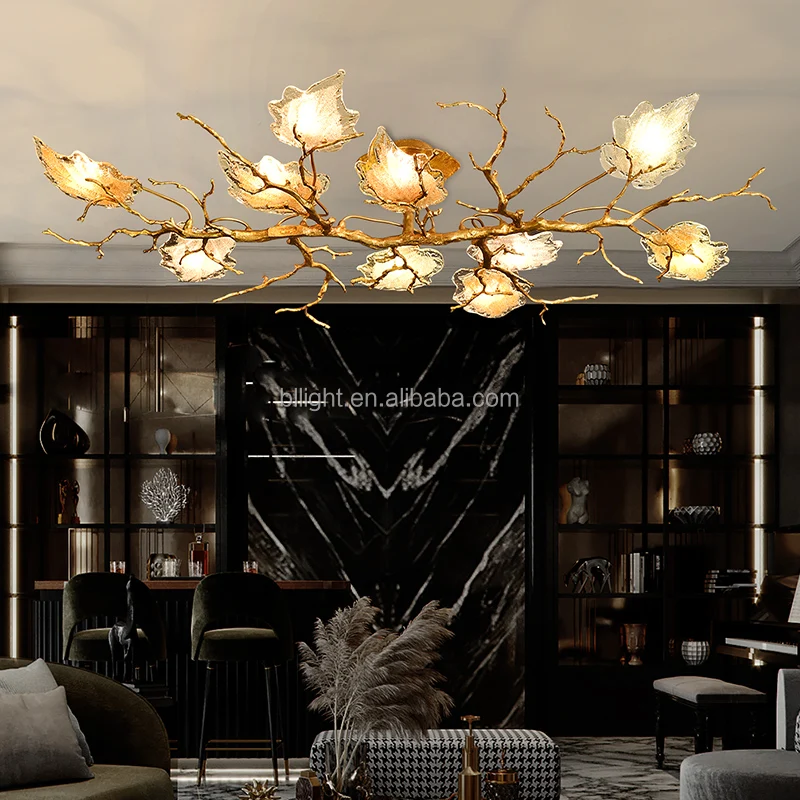 Light luxury chandelier living room lamp creative simple Brass glass maple leaf decoration bedroom dining room crystal lighting