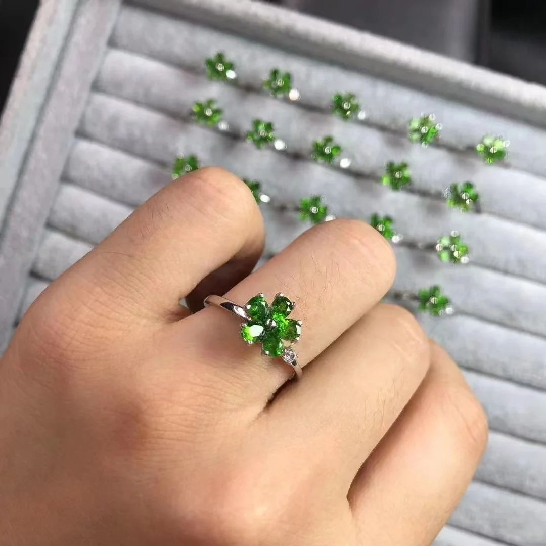 925 Sterling Silver flower fine Jewelry Natural Healing Stones Crystal diopside  mussite Ring