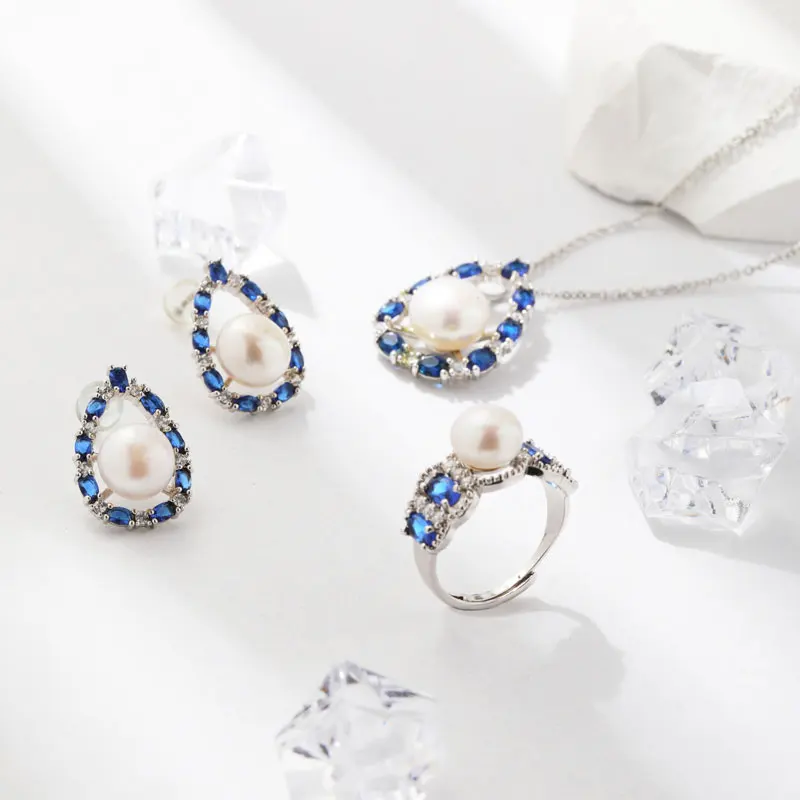 Keiyue 925 sterling silver ring earrings necklace cubic blue zirconia freshwater pearl jewelry set