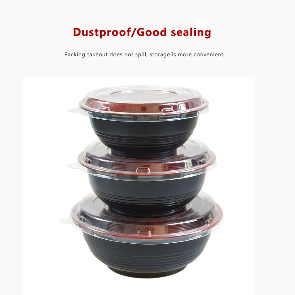 Quality Black Red Disposable Soup Salad Noodle Food Container Plastic Microwave Poke Bowl With