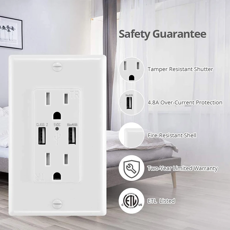 USB outlet 4.8A 125V Intelligent identification chip smart wall socket plug outlet receptacles with ETL