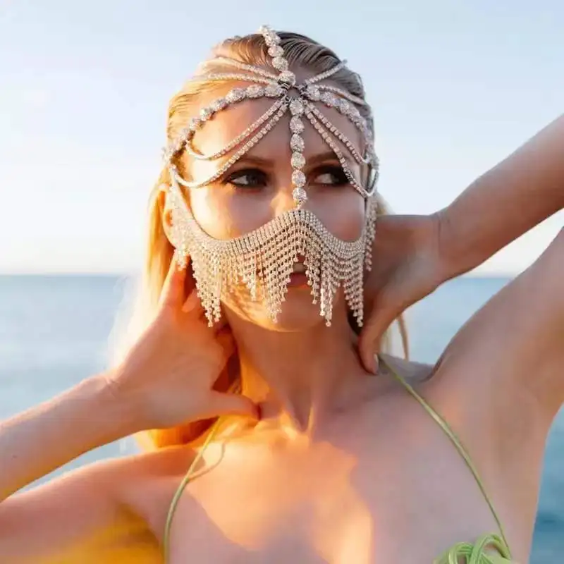 Party Mask Photo Decoration Props Belly Dance Headdress Veil Sexy Rhinestone Tassel Mask