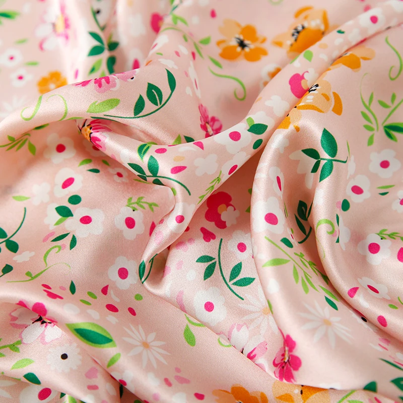 Wholesale 18%silk 82%viscose satin pink floral printed fabric bright color for girl dress