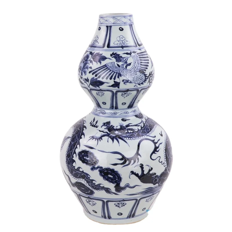 RZQo12 Blue and white dragon and phoenix pattern gourd bottle antique craft porcelain vase for  home decoration