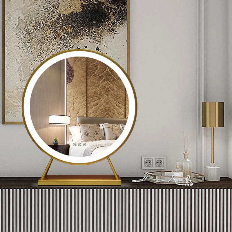 european style luxury gold tabletop led makeup mirror With iron frame and base