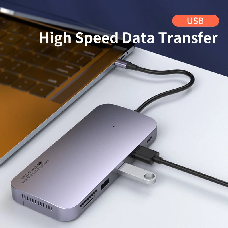 Hot Sale USB C Hub & SSD Case 2in1Docking Station with 100W PD+4K HD Media+1000M Lan+SD+TF+USB+DATA For Macbook