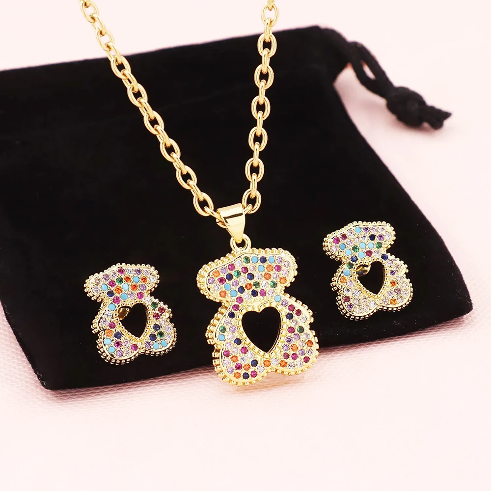 Ask for Bear Catalog Stainless Steel Zircon Necklace Earrings Jewelry Set Gold Silver Hollow Heart Shape Chain Link Wholesale
