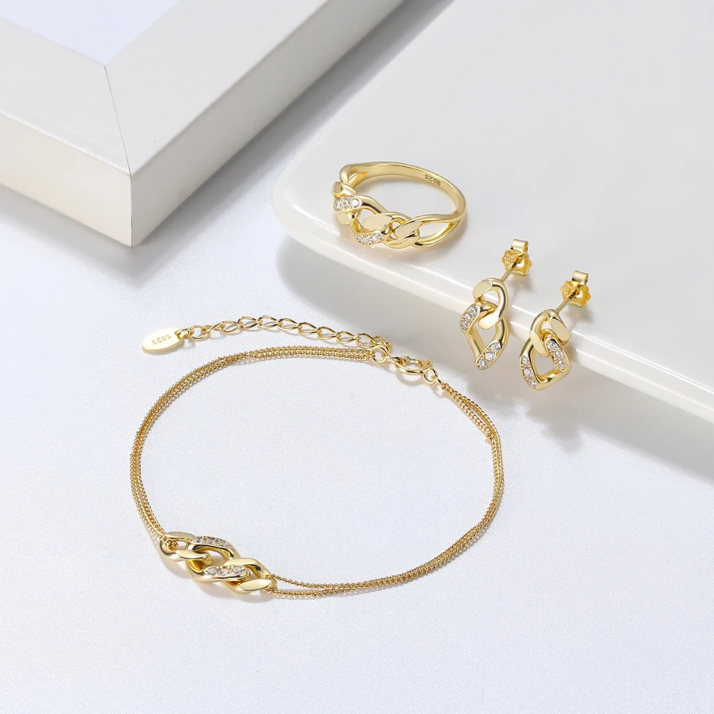 RINNTIN SR271 Gold Jewelry 925 Sterling Silver Rings Joyas De Plata 14K Gold Plated CZ Zircon Diamond Cuban Link Ring For Women