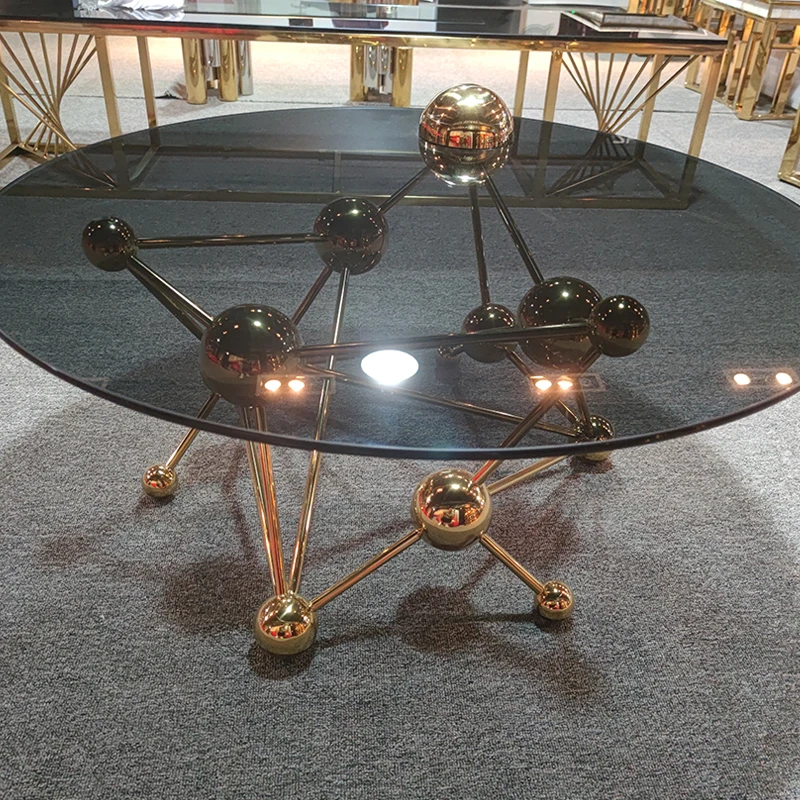 Custom luxury furniture stainless steel metal base black round designer art deco tempered glass gold coffee table modern