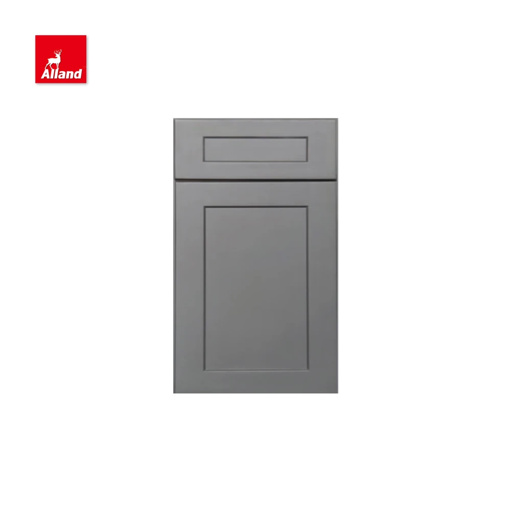AllandCabinet Customized Grey Lacquer MDF Painted Nature Wood Shaker Recessed Raised Kitchen Cabinet with Island Glass Door
