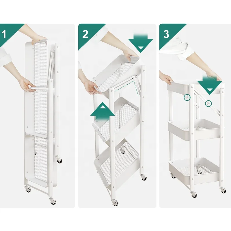 Modern Metal Folding Storage Kitchen Rack Storage Foldable Kitchen Trolley With Wheels