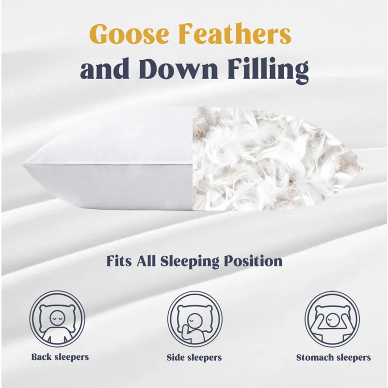 Goose Feathers and Down White Pillows with 100% Cotton Cover bed sleeping Standard Size duvet throw pillow cushion Set of 2