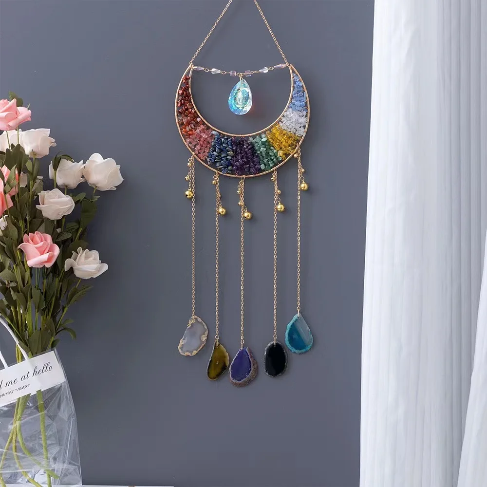 Custom Natural Crystal Sun Catcher Amethyst rose quartz gravel wind chime pendant for home decor