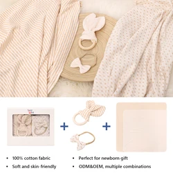 100% Organic Cotton Customized Design Stretch Wrap Swaddle Blanket Baby Gift Set with Matching Headband