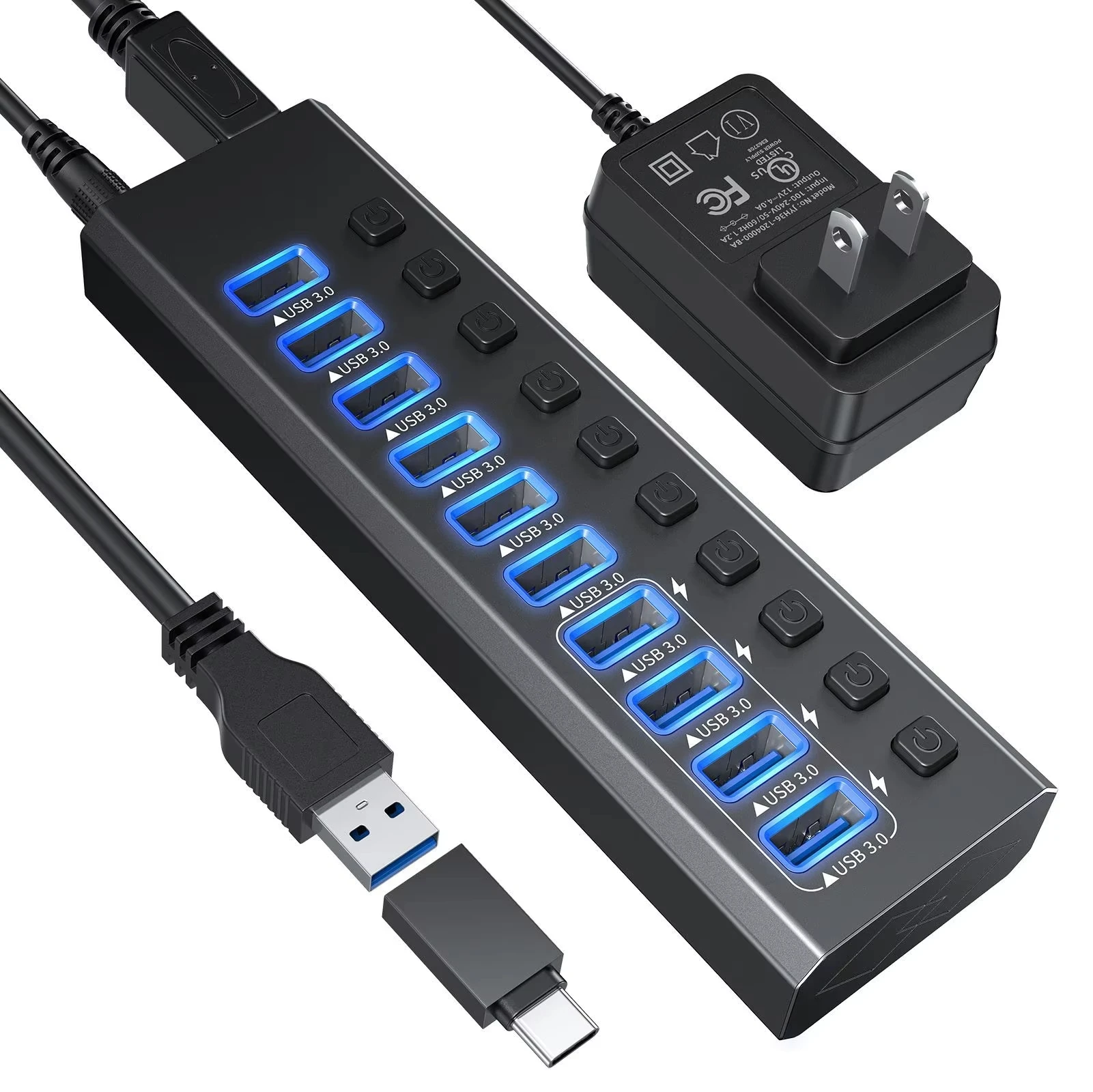 Aluminum alloy usb3.0 hub 16 ports high quality 12V 7.5A power supply Industrial usb hub