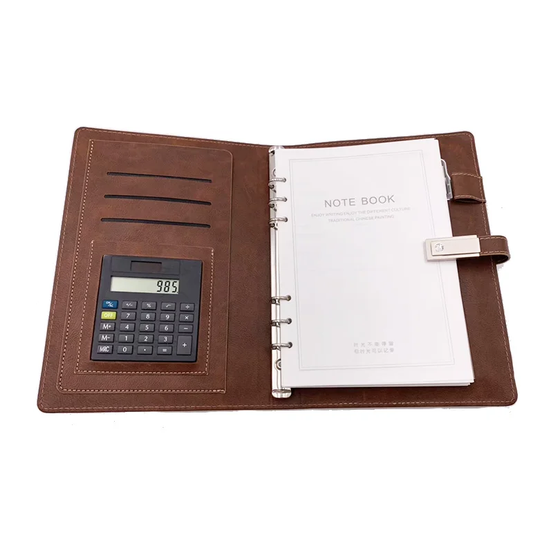 VTR Multifunctional A5 Leather Cover Wireless Charger Planner Diary Powerbank calculator notebook with Pocket and Usb
