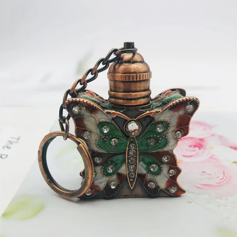 Cute 1ml Vintage Metal Perfume Bottle with Key Holders Arab Style Essential Oils Dropper Chain