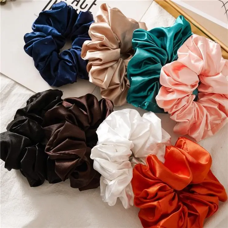 Wholesale hot sale women fashion hair accessory solid satin wide silk fabric scrunchies for hair tie