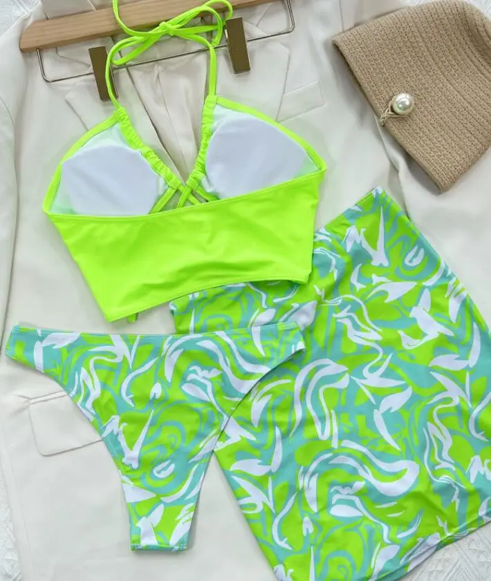 2023 STOCK Lace Up Front Long Ties 3Pieces Swimsuit Sexy Lady Brazilian Bikini Set Short Micro Beachdress