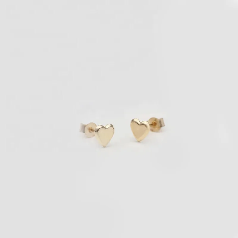 New model 14k real golden heart shaped studs tiny solid gold earrings for party