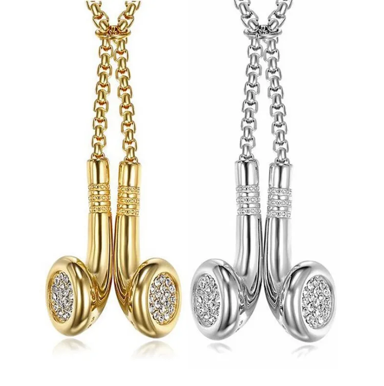  Luxury Brand Personalize Hip Hop Music Jewelry Gold Titanium Steel Diamond DJ Earphones Earplugs Necklaces For Men