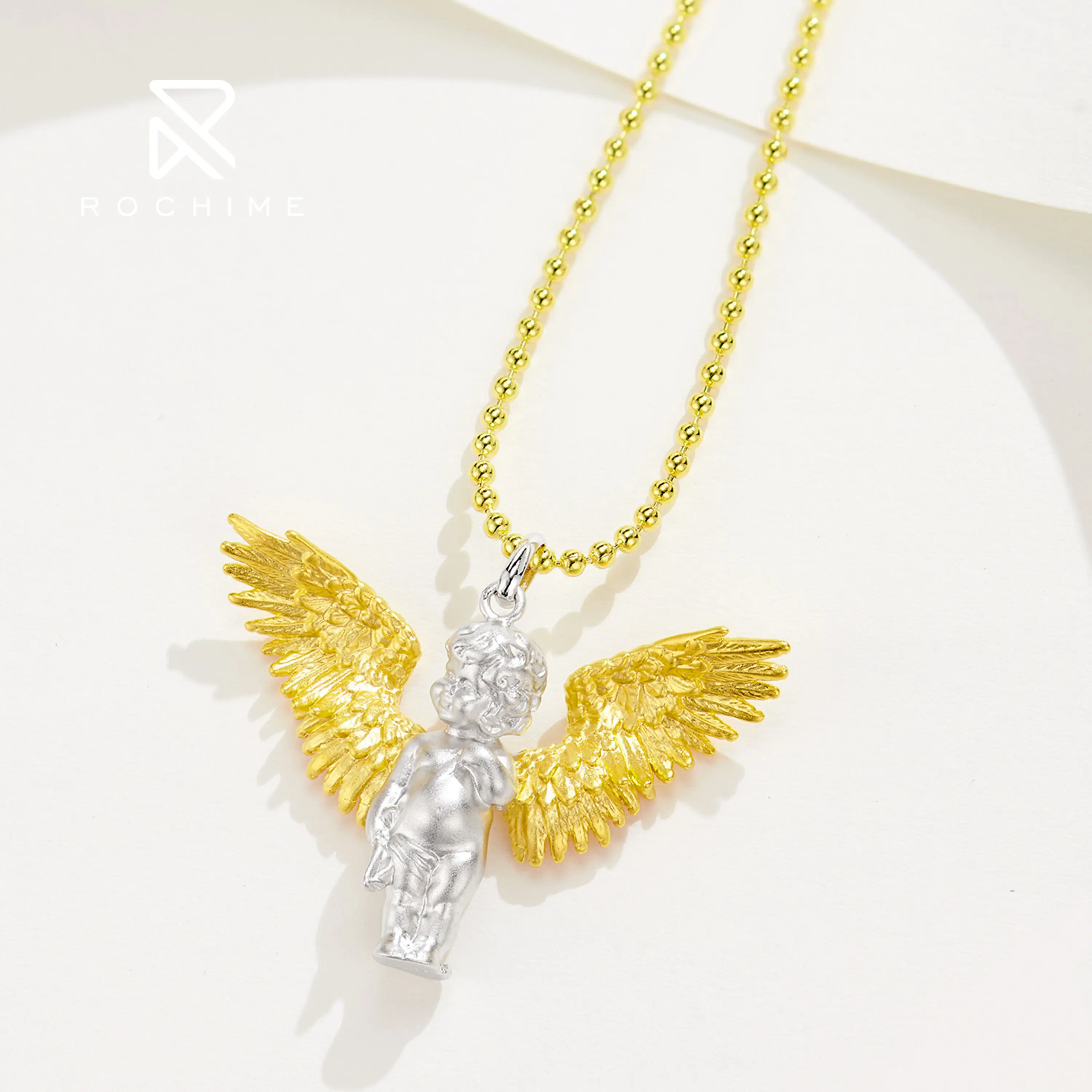 Rochime trendy jewelry  religious angel pendant necklace  925 sterling silver chain zircon jewelry