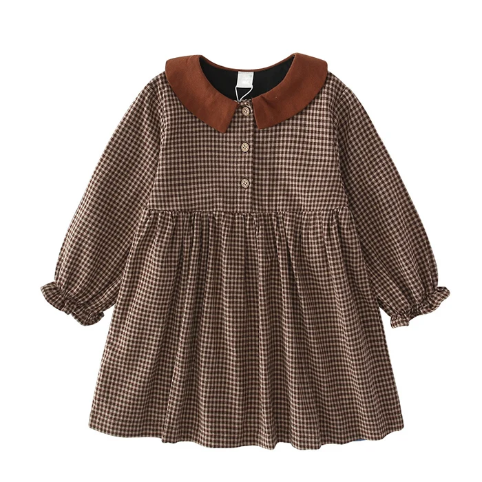 New arrival  fashion girl dresses cotton peter pan collar plaid long sleeve dress for girl