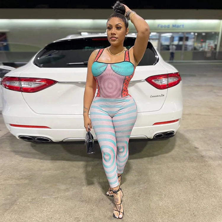 JM032 Wholesale one piece jumpsuit romper sexy woman outfit print sleeveless sexy jumpsuits club wear