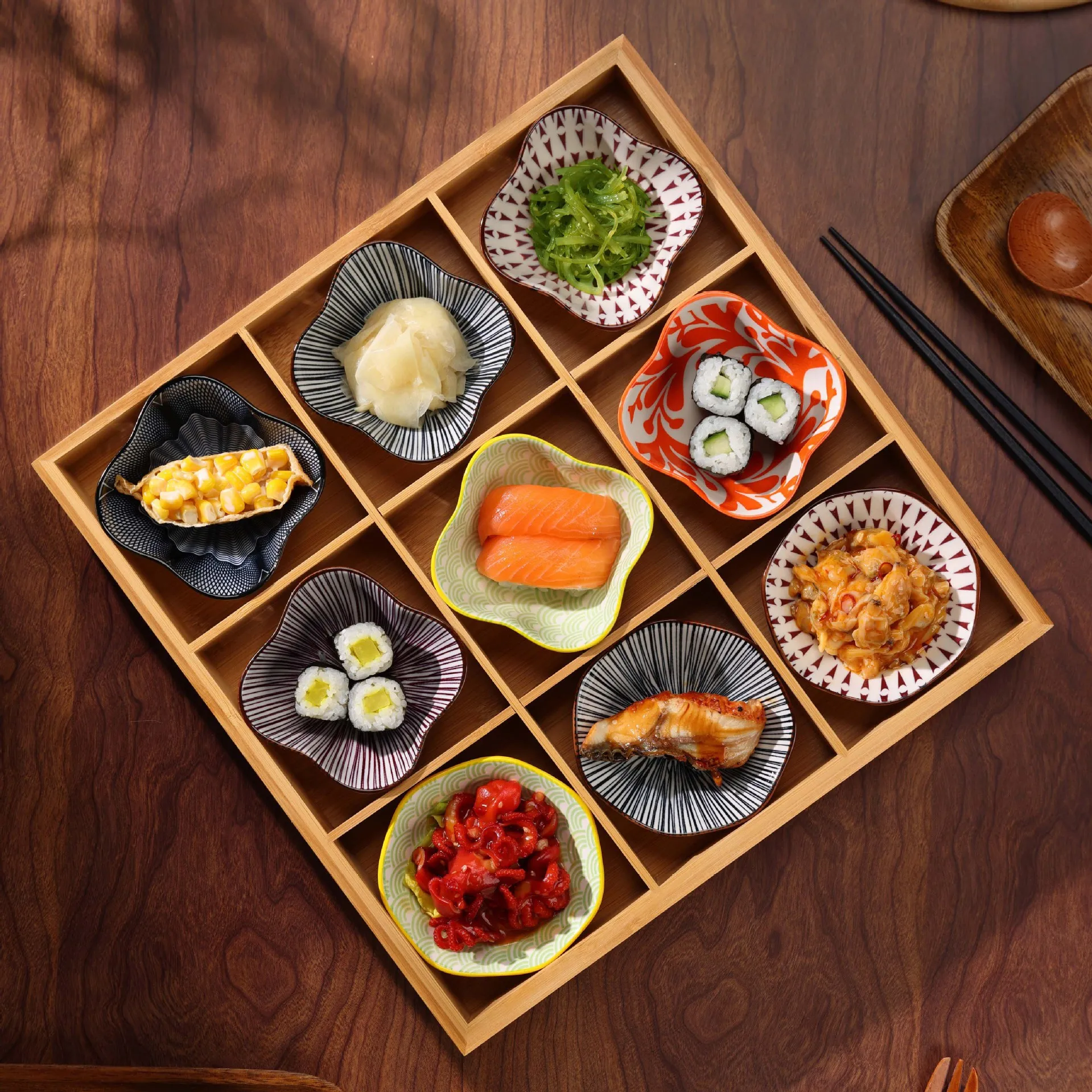 Set of 9 Bamboo Wooden Serving Trays-Large and Mini-Nesting Multipurpose for Breakfast Coffee Table/Butler Party Occasions