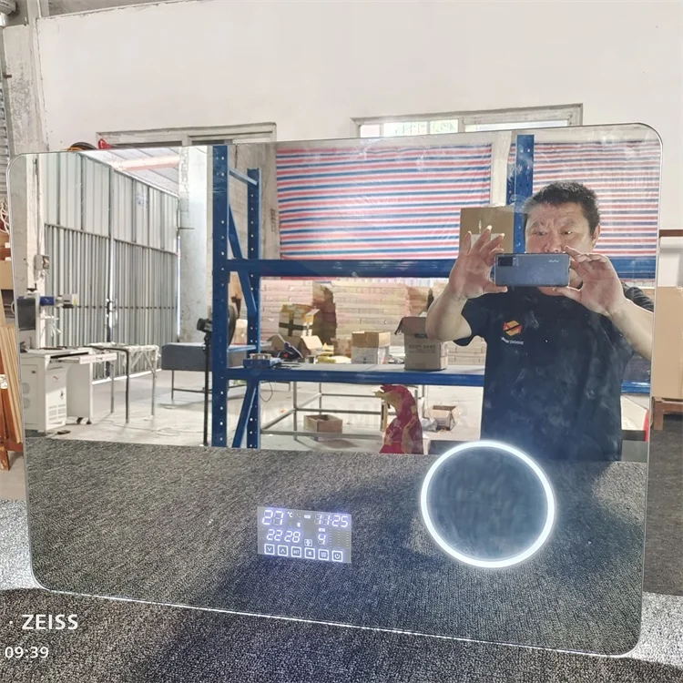 Custom  rectangular frameless smart led mirror with magnifying glass, time, temperature, Bluetooth for bathroom